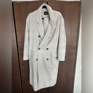 BOOHOO Plaid Grey and White pea coat jacket, tie around waists, brown buttons